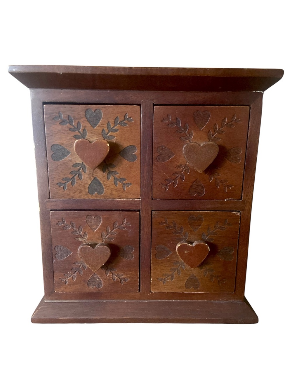 Vintage Solid Wood 4 Drawer Trinket Chest Herb Drawer Hand Carved Heart Folk Art